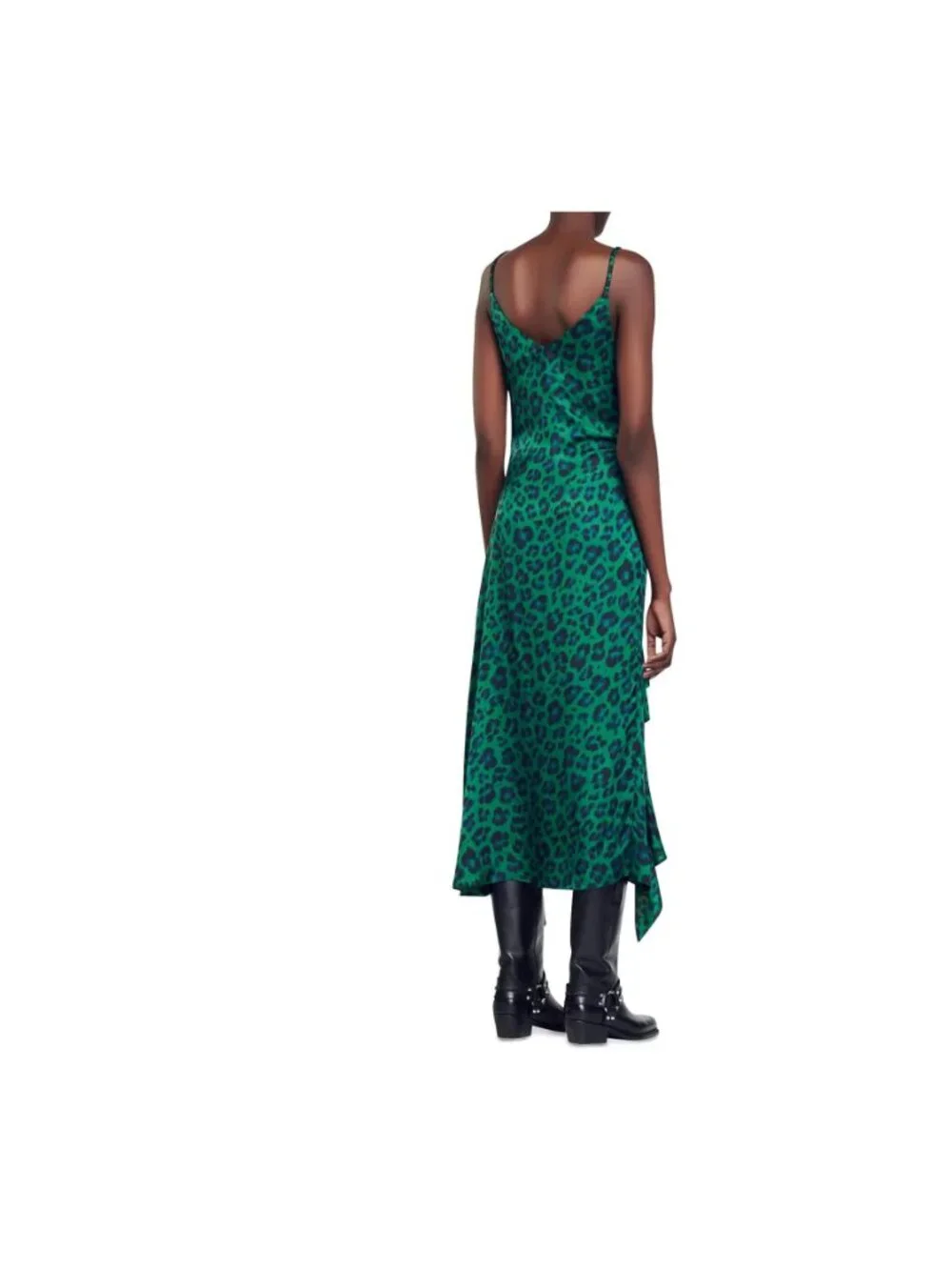 Sandro Amazonie Leopard Print Satin Midi Slip Dress Green Animal Print US 4 - Picture 6 of 16